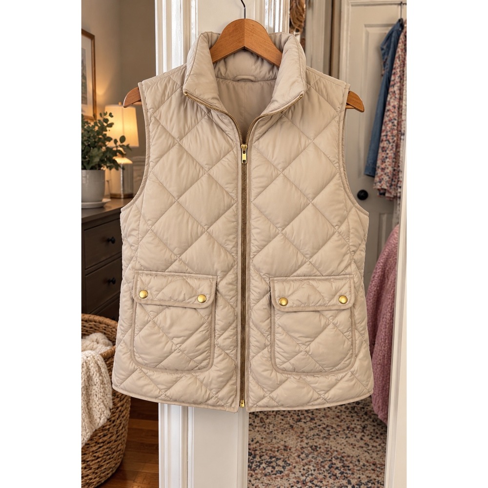 Woolrich Down Puffer Vest XL Cream Beige Diamond Quilted Full Zip Snap Pockets